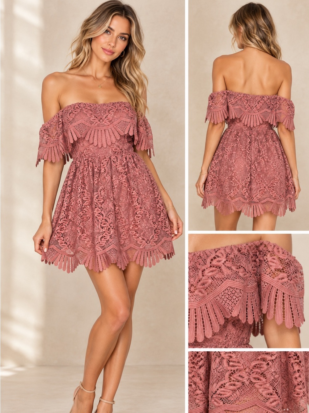 Lovers + Friends Dream Vacay Mauve Lace Off Shoulder Mini Dress XS Revolve